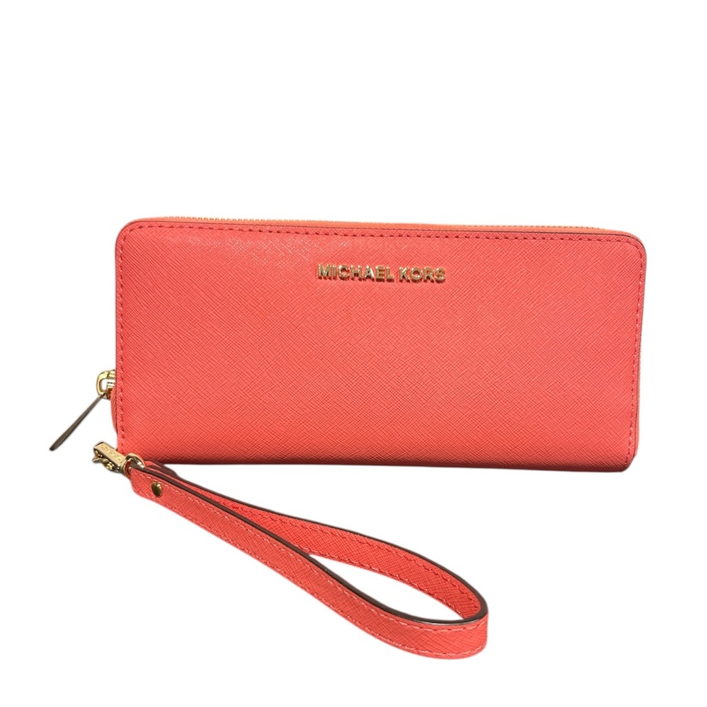 Michael Kors Leather Zip Wallet Wristlet – Coral